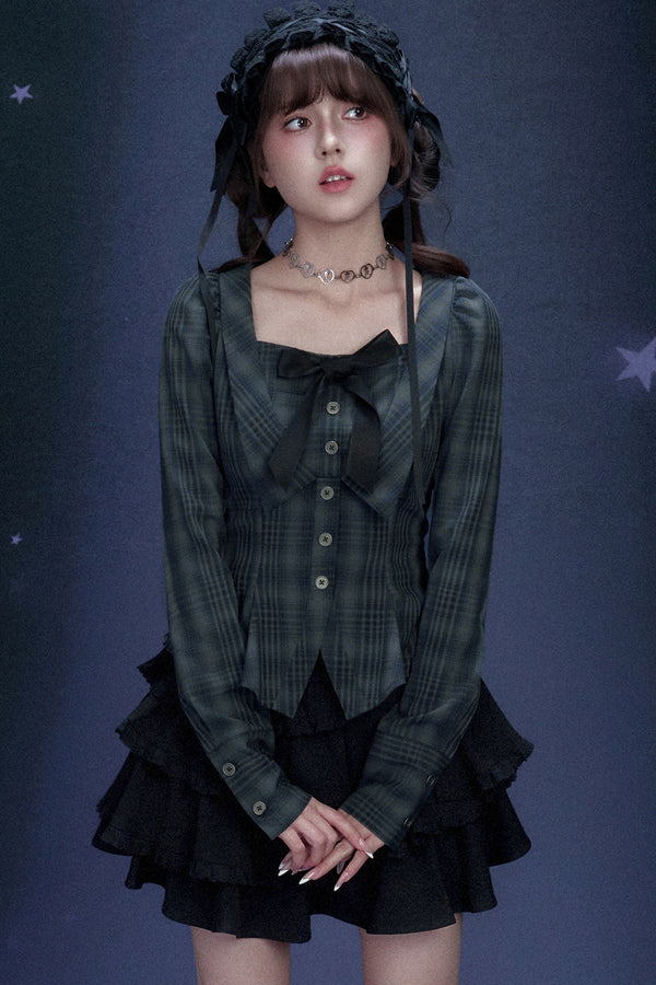 Blue Black Plaid Square Neck Shirt