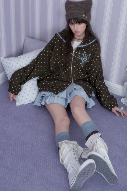 Brown Blue Swirl Star Navy Collar Jacket Set-Up