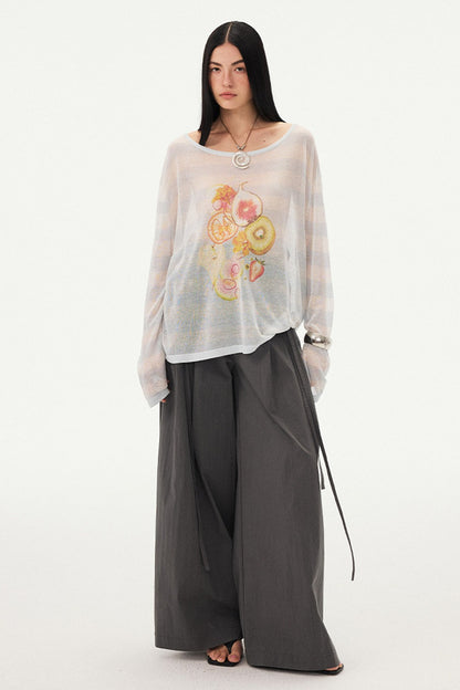 Gestreifte Bluse mit Fruchtprint und asymmetrischer Schulter