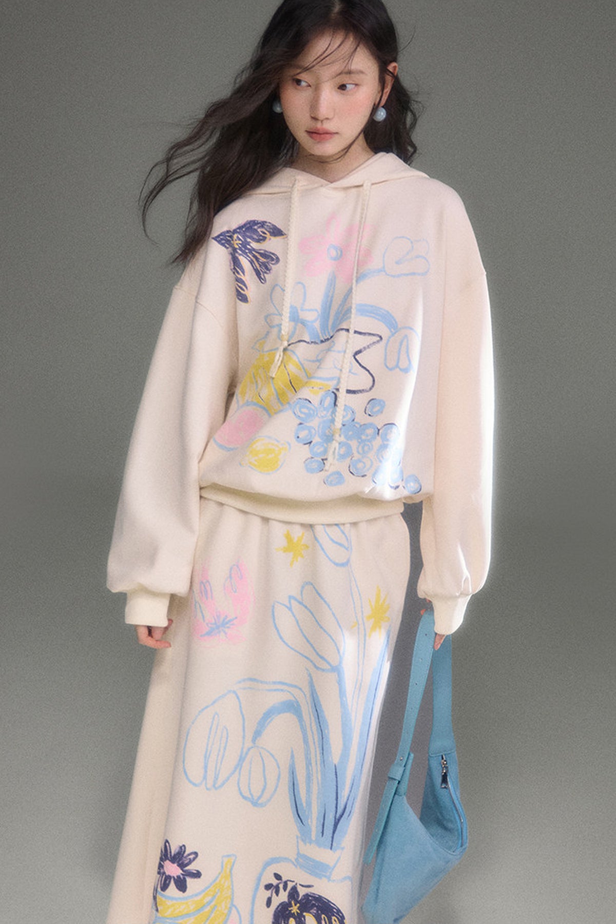 Ear Detail Bird Fruit Print Sweatshirt and Skirt Set-Up