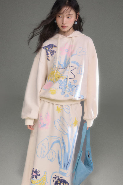 Ear Detail Bird Fruit Print Sweatshirt and Skirt Set-Up