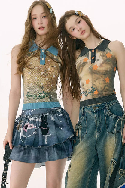 Starfall Rabbit Knit Polo Camisole Top