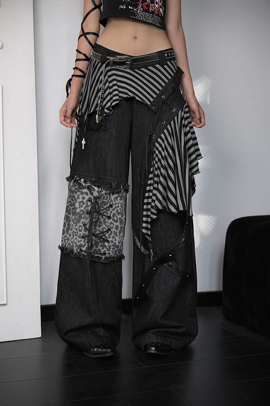 Striped Leopard Patchwork Tie-Up Wide-Leg Jeans