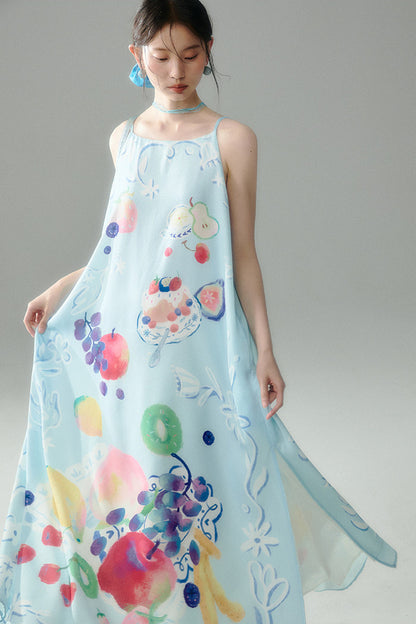Hand-Painted Fruit Print Slip Dress