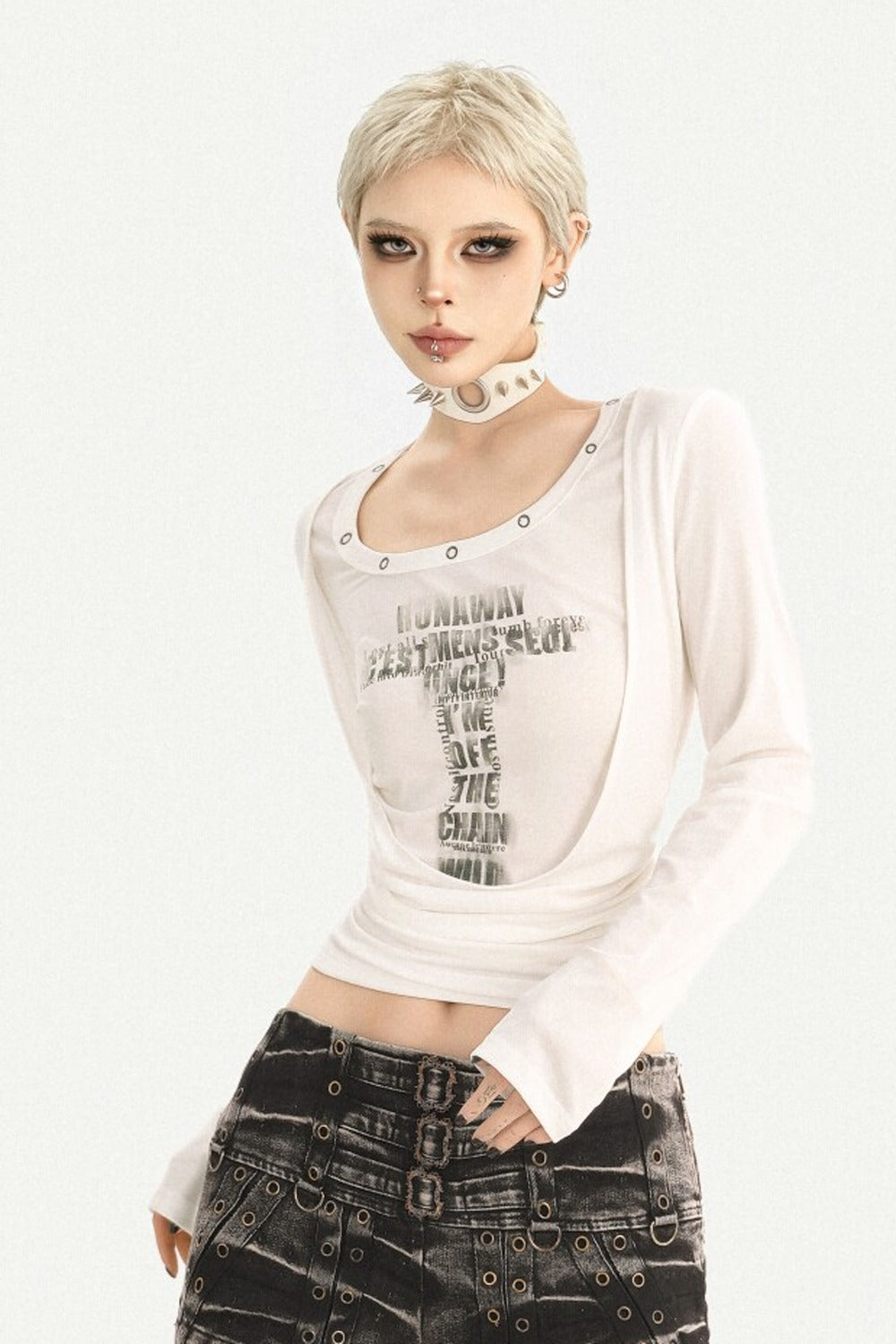 Y2K Metal Ring Letter Layered-Look T-shirt