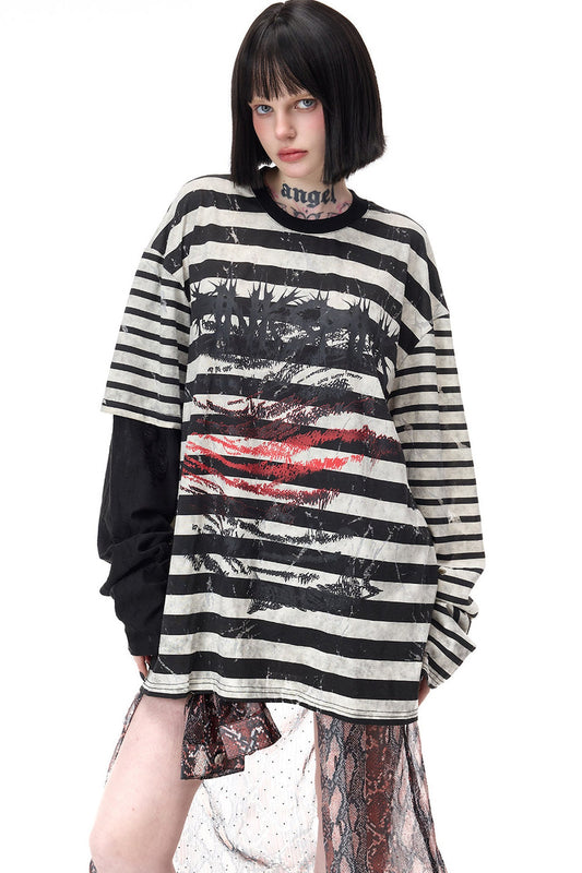 Punk Burnt Floral Cut-Out Striped Raglan Blouse