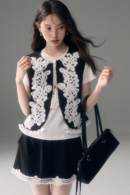 Three-Dimensional Rope Embroidery Floral Tencel Vest and Shorts Set-Up