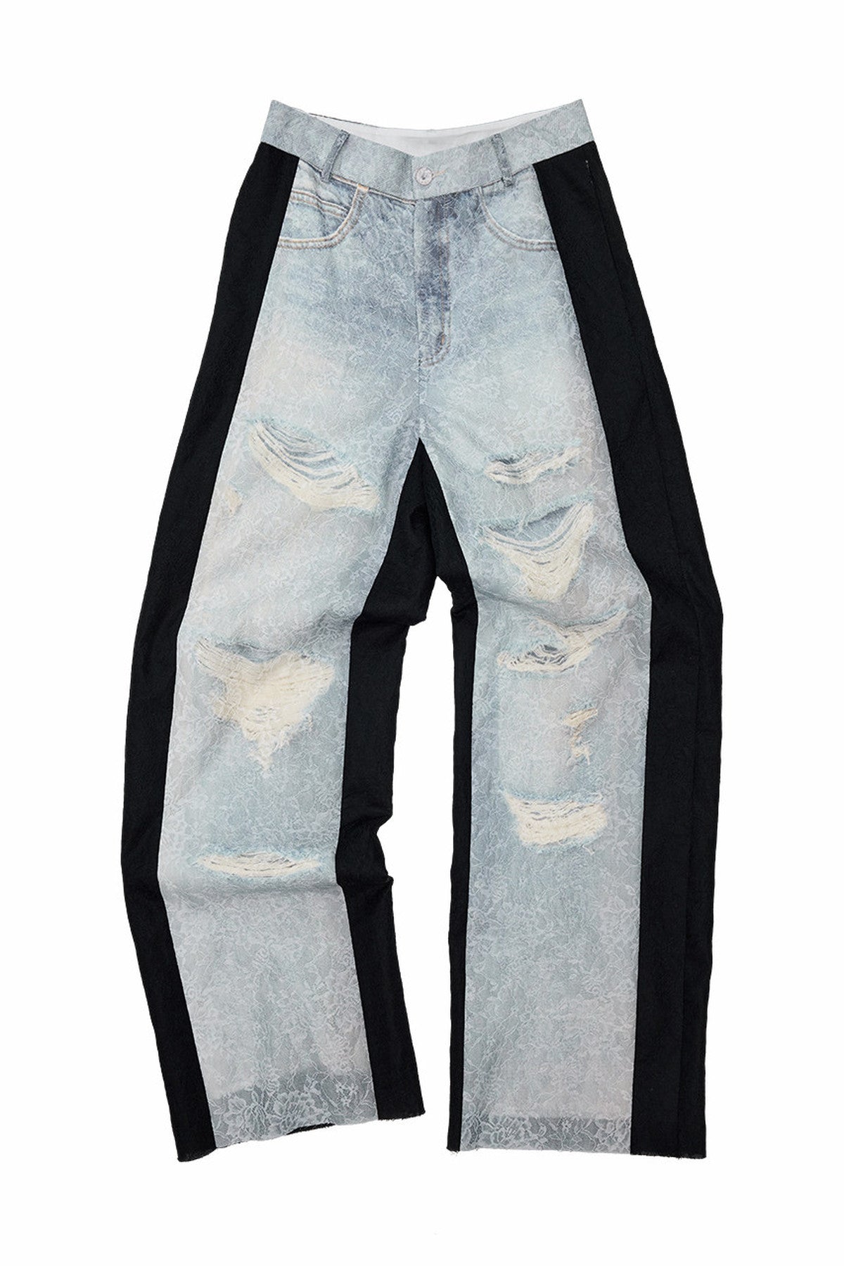 Washed Ripped Lace Straight-Leg Pants