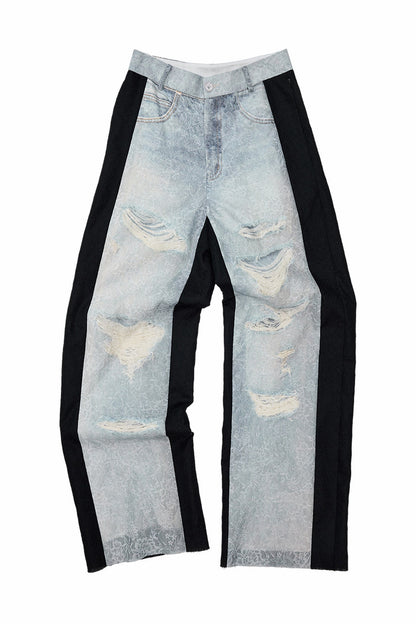 Washed Ripped Lace Straight-Leg Pants