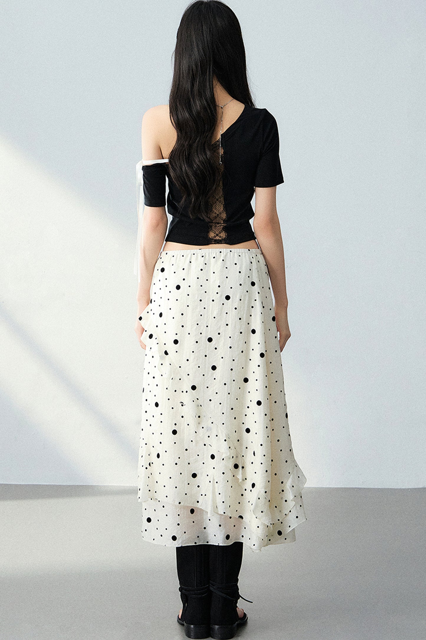 Flocked Polka Dot Ruffled A-Line Skirt and Top Set-Up