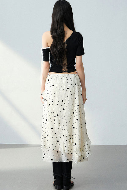 Flocked Polka Dot Ruffled A-Line Skirt and Top Set-Up