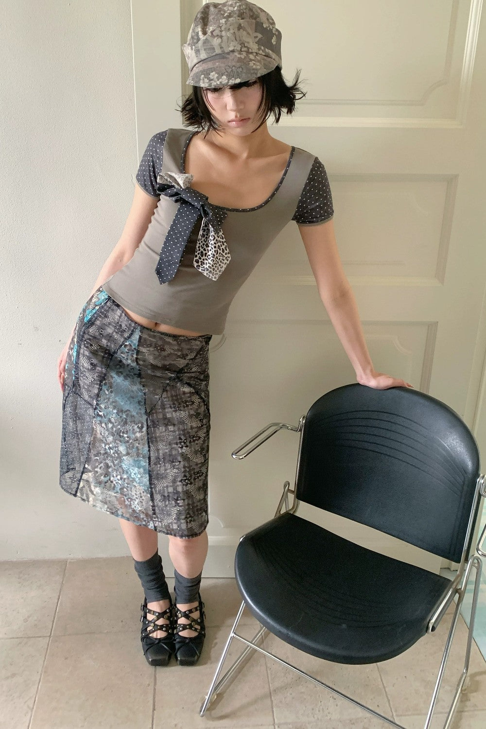Asymmetrical Plaid Leopard Floral Midi Skirt