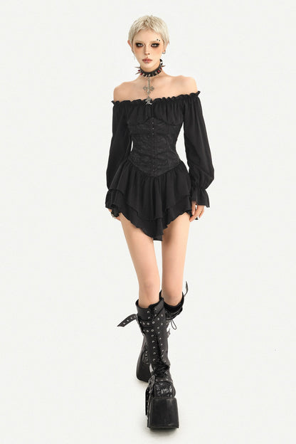 Lantern Sleeve Gothic One-Shoulder Ruffle Dress