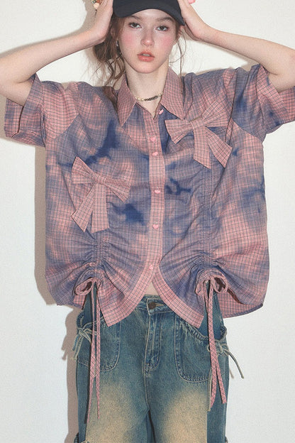 Chemise à manches courtes à carreaux roses avec nœud et cordon de serrage