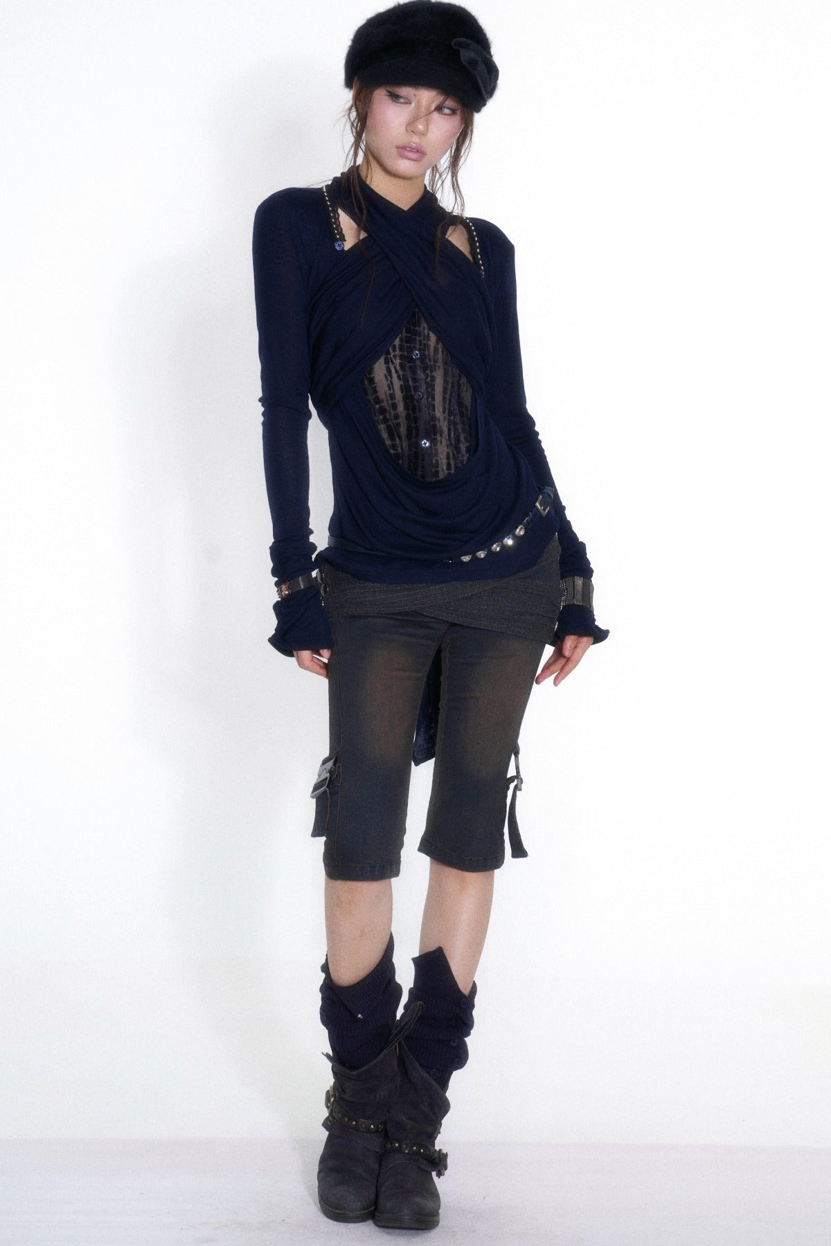Cross-Neck Tencel Knit Mesh Spliced Long-Sleeved Top