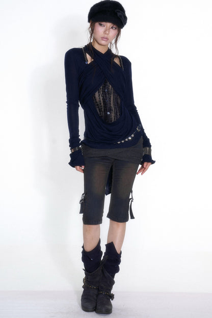 Cross-Neck Tencel Knit Mesh Spliced Long-Sleeved Top