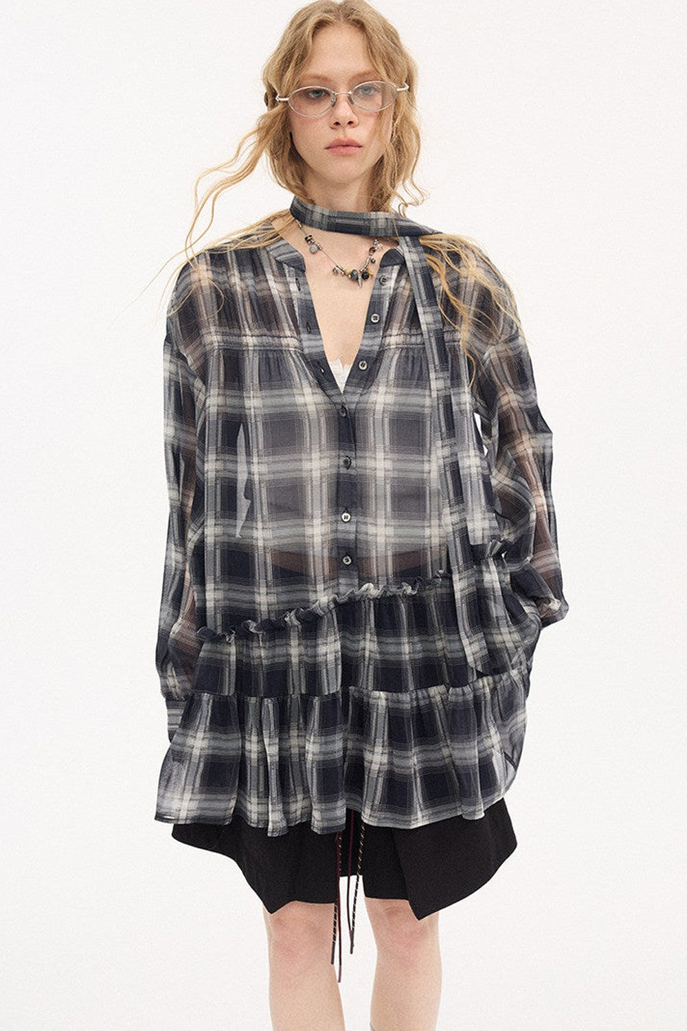 Drop Shoulder Plaid Blouse