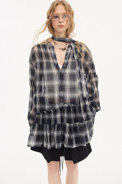 Drop Shoulder Plaid Blouse