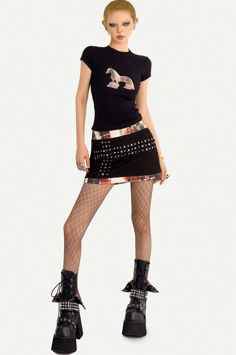 Black Patchwork Studded Bodycon Skirt