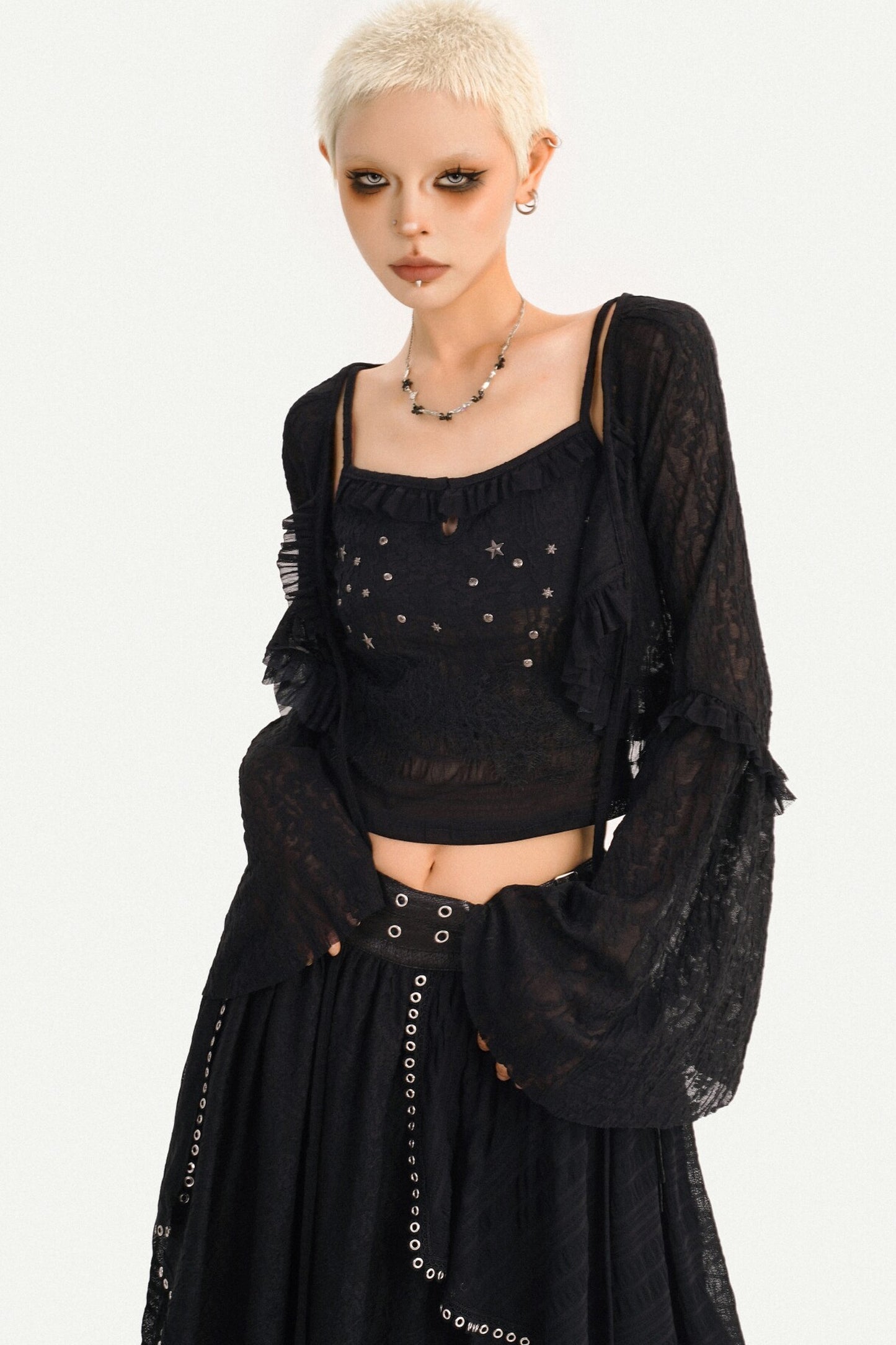 Star Embellished Camisole Cardigan And Long Skirt Set-Up