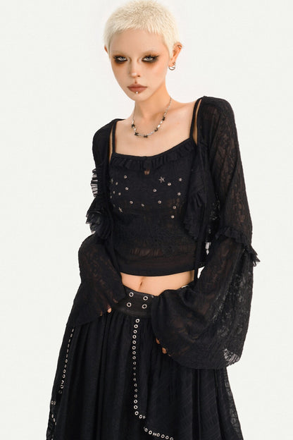 Star Embellished Camisole Cardigan And Long Skirt Set-Up