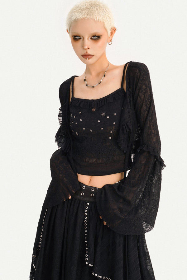 Star Embellished Camisole Cardigan And Long Skirt Set-Up