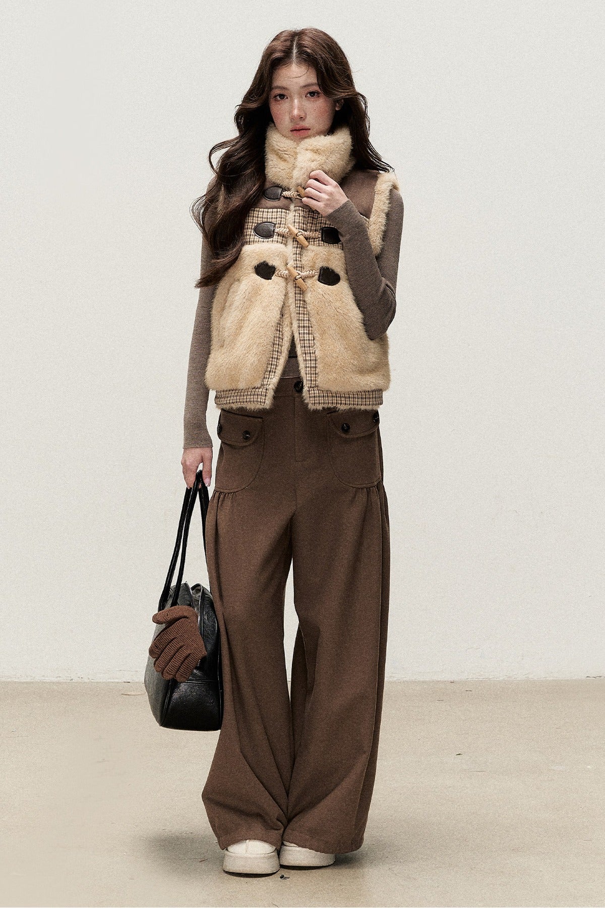 Retro Plaid Faux Fur Toggle Vest