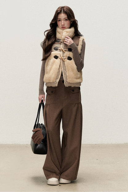 Retro Plaid Faux Fur Toggle Vest