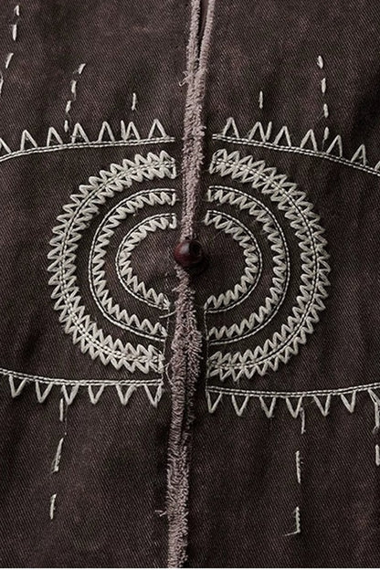 Red-Brown Quilted Embroidered Long Hooded Trench Coat