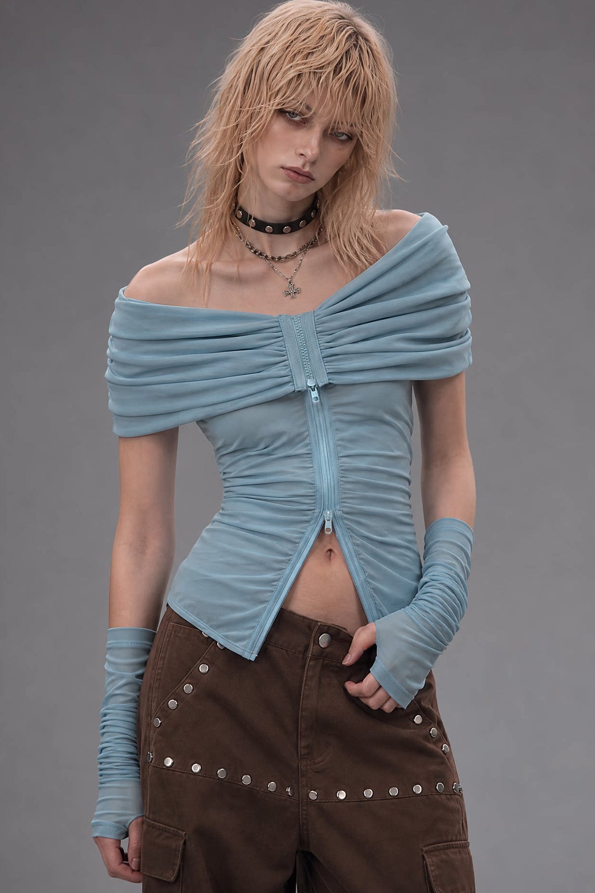 Off-Shoulder Pleated Knit Top