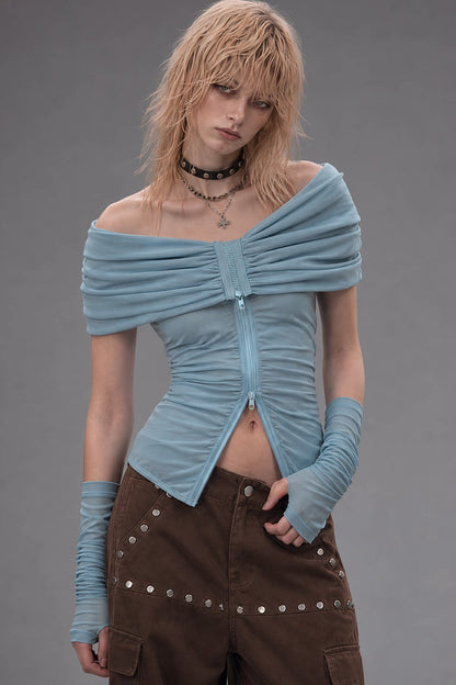 Off-Shoulder Pleated Knit Top