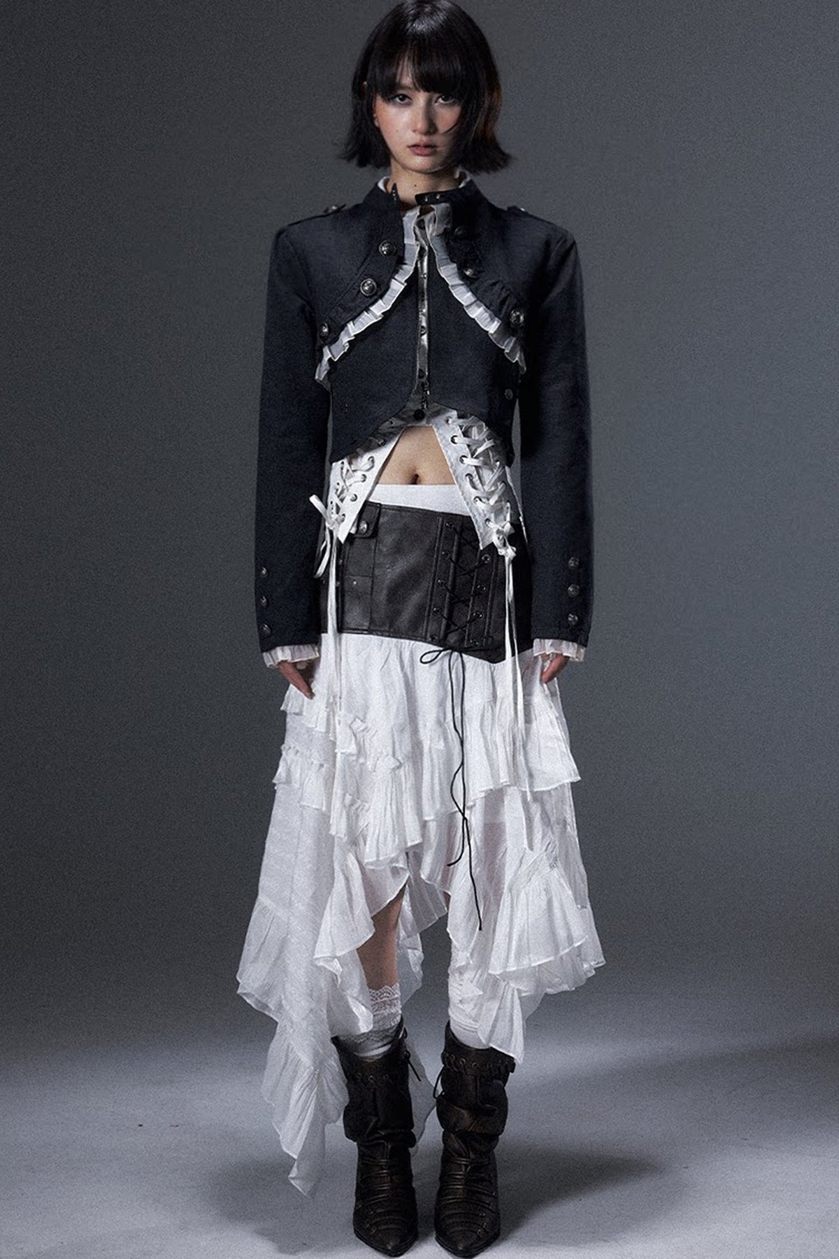 Irregular Ruffle Lace-Up Leather A-Line Skirt