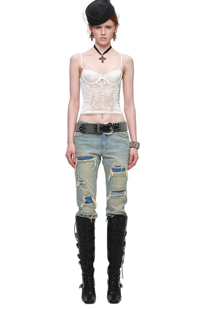 Heavy Distressed Straight Jeans