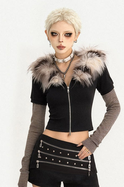 Black Plush Collar Zip-Up Slim-Fit Top