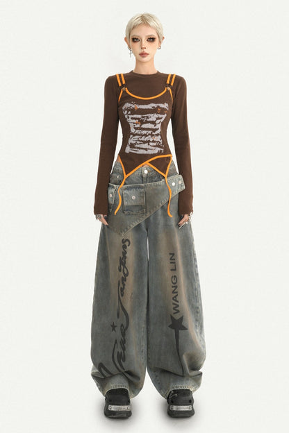 Printed Spliced Layered-Look Long-Sleeve T-shirt