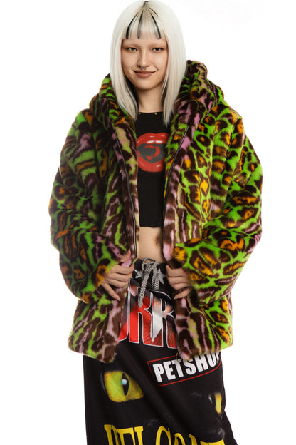 Leopard Print Fur Hooded Jacket