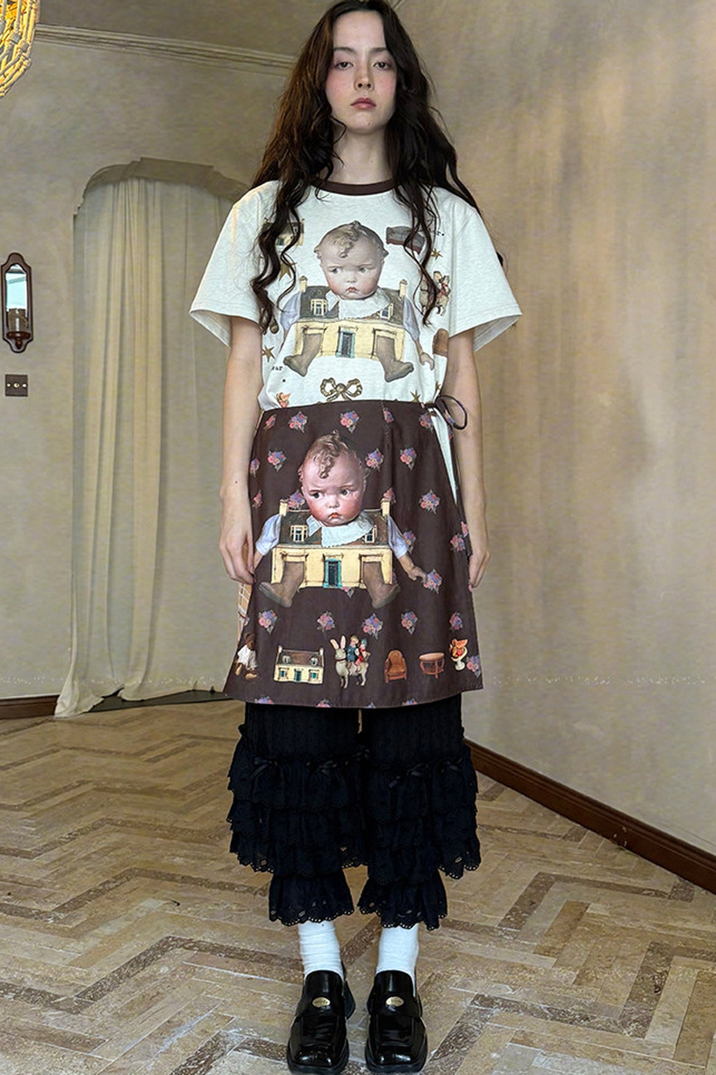 Transparent Doll Print Bowknot Apron Skirt