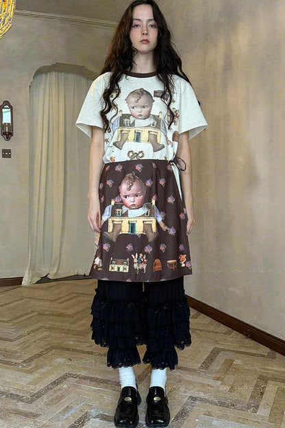 Transparent Doll Print Bowknot Apron Skirt