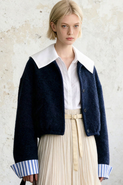 Collarless Woolen Jacket And Skirt Set-Up