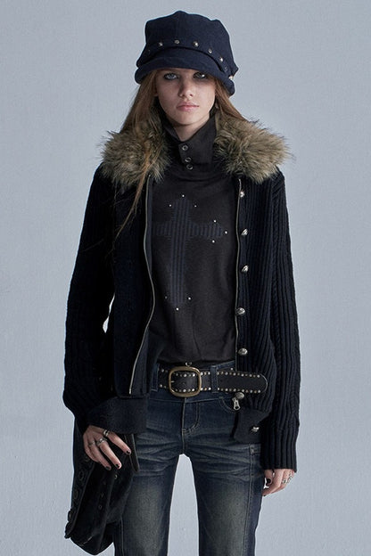 Asymmetrical Zipper Metal Buckle Cardigan