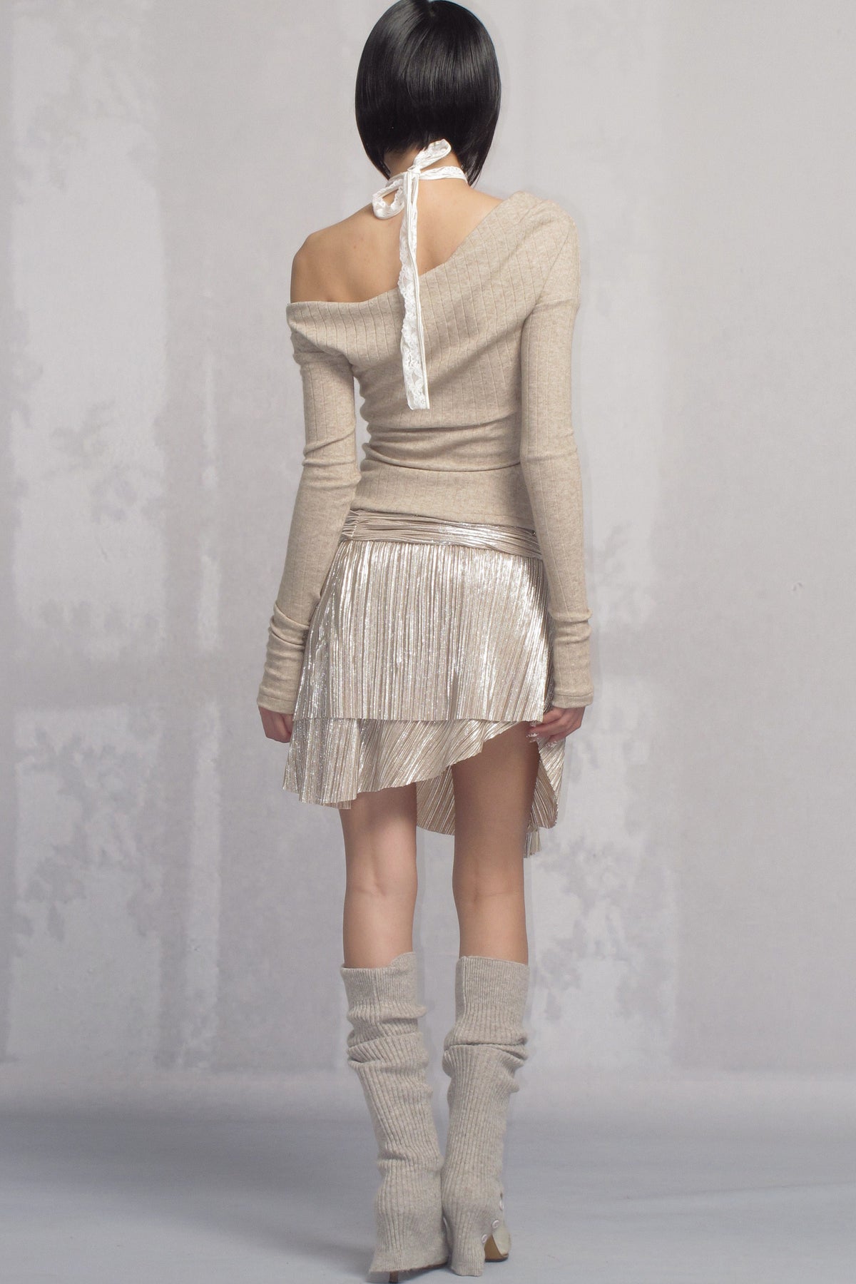 Pleated Metallic Asymmetrical Rhinestone Belted Skirt