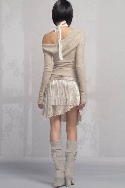 Pleated Metallic Asymmetrical Rhinestone Belted Skirt