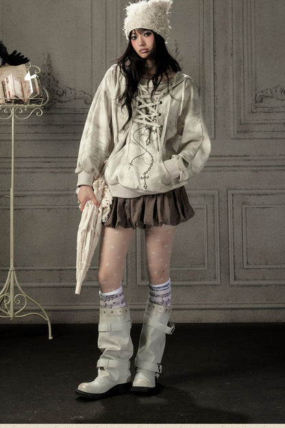 Distressed Drawstring Cross Print Hooded Pullover Sweatshirt