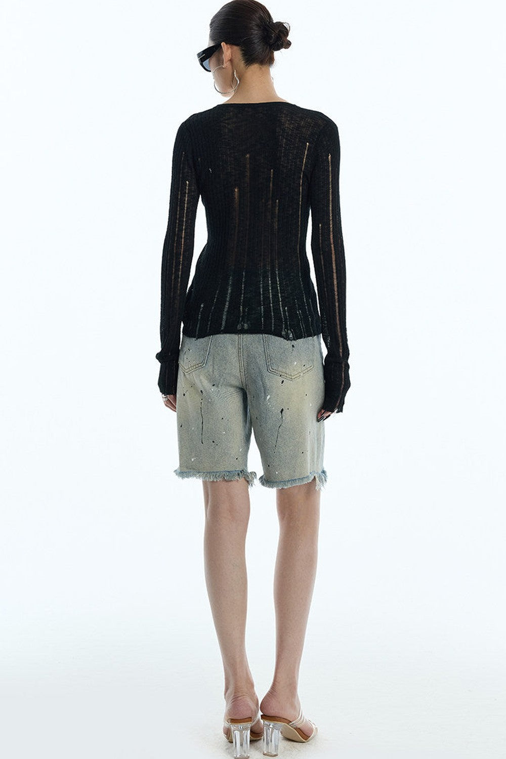 Cardigan en maille noir rayé à découpes