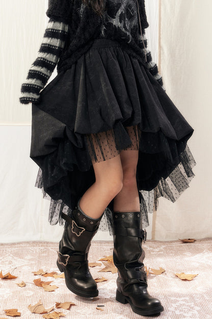 Black Asymmetrical Lace Splicing Polka Dot Skirt