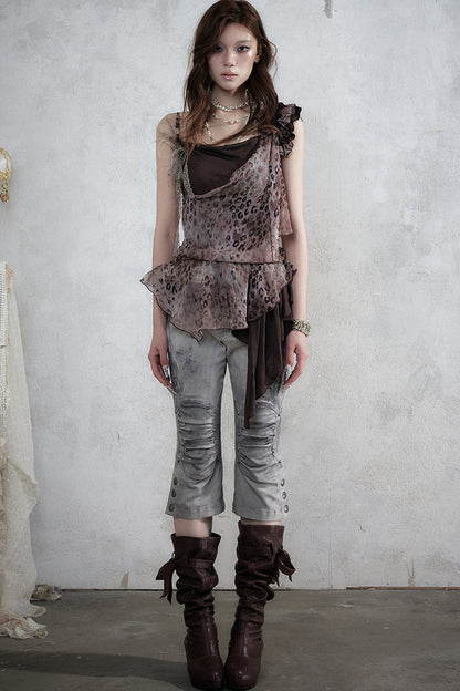 Leopard Print Layered-Look Strap Irregular Hem Dress