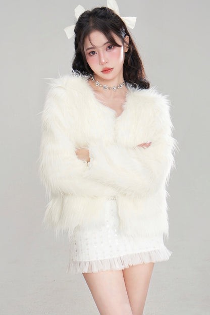 Snow Mountain Silver-White Long-Haired Fur Coat and Skirt Set-Up