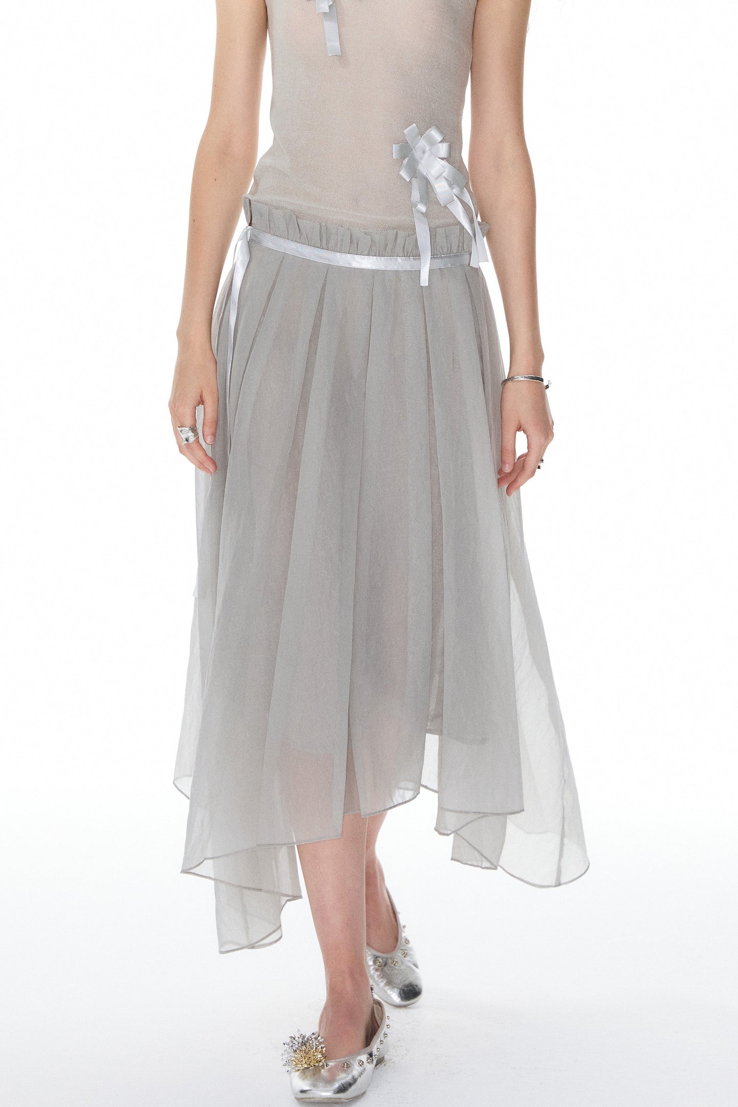 Satin Ribbon Knit Vest & Pleated Skirt Set