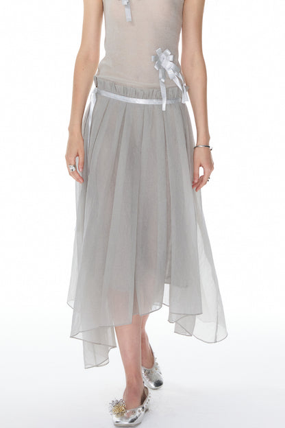 Satin Ribbon Knit Vest & Pleated Skirt Set
