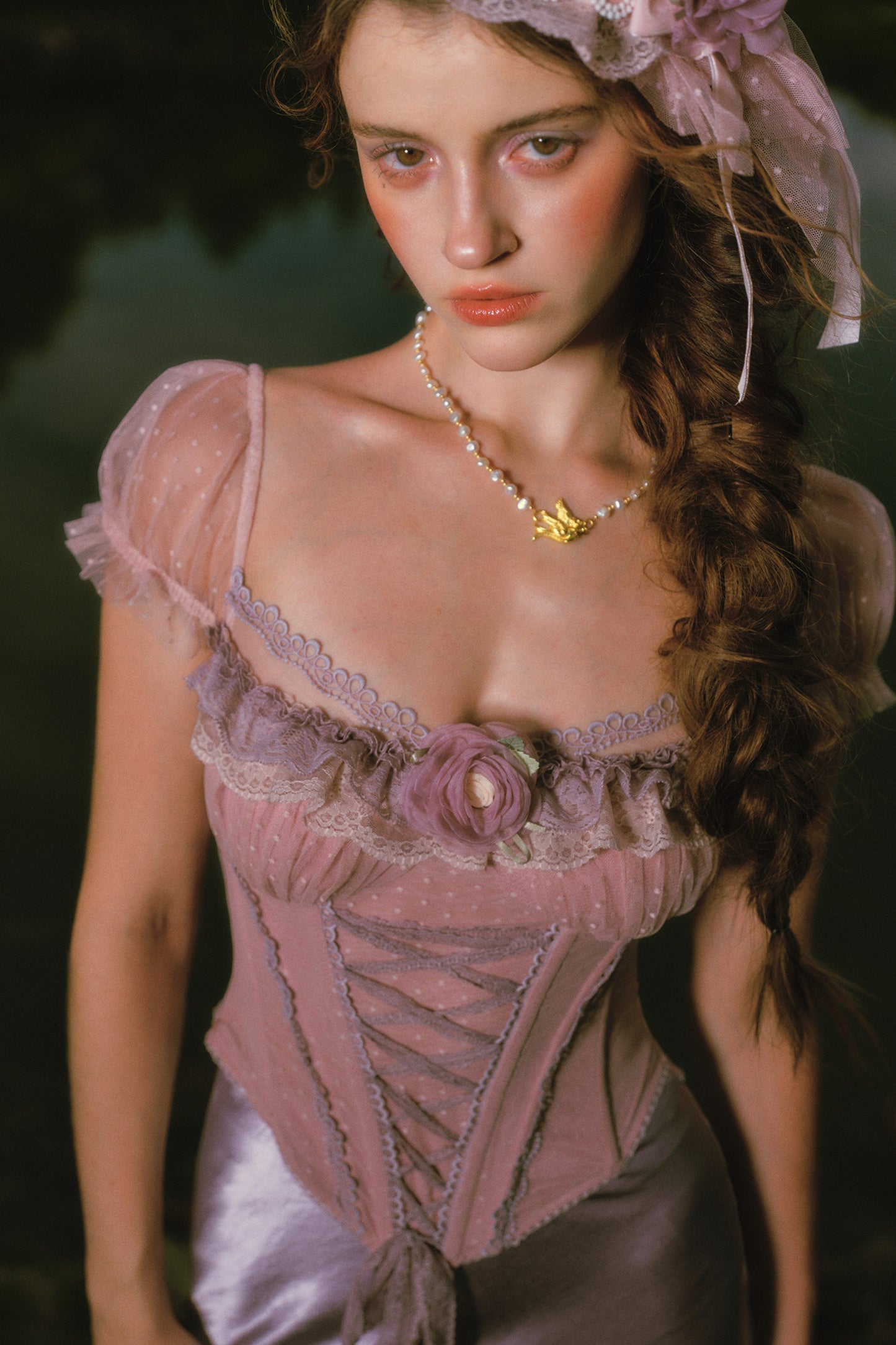 Purple Floral Fishbone Corset Camisole and Satin Skirt Set-Up